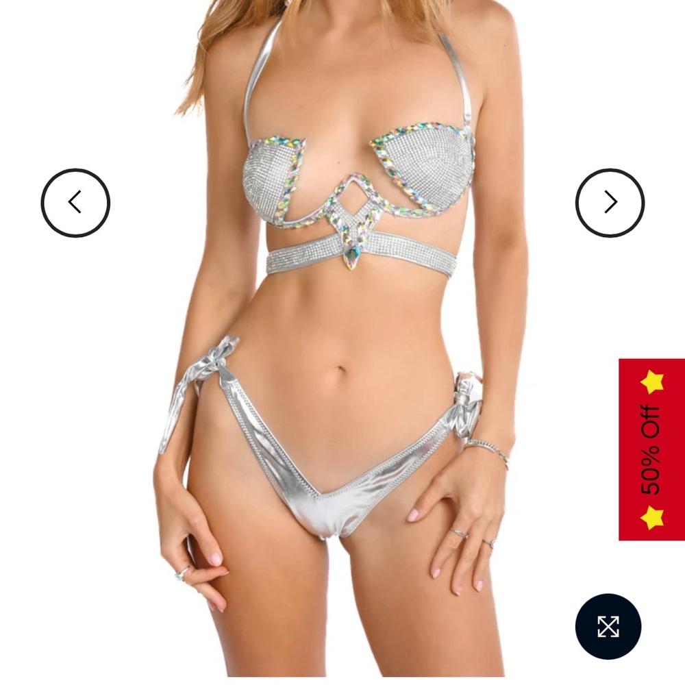 Glamorous Silver Bikini Top with Embellishments and matching bikini bottoms